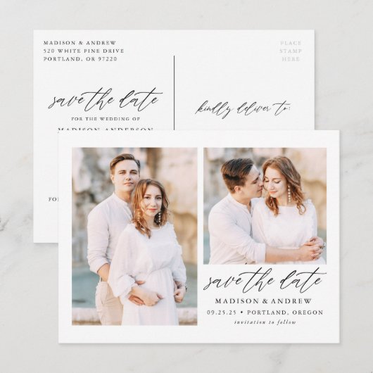 Elegant Manuscript 2 Foto sparen de Datum Aankondigingskaart (Voorkant / Achterkant)