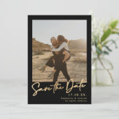 Elegant manuscript goud eenvoudige 2 foto's sparen save the date (Staand voorkant)