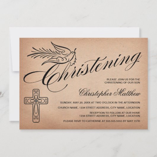 Elegant  Manuscript kruis en Dove Christening Kaart (Voorkant)