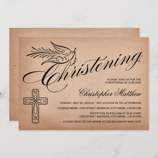 Elegant  Manuscript kruis en Dove Christening Kaart (Voorkant / Achterkant)