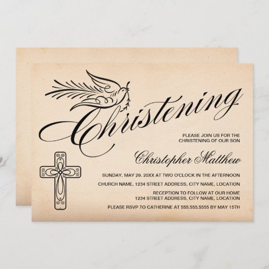 Elegant Manuscript kruis en Dove Christening Kaart (Voorkant / Achterkant)