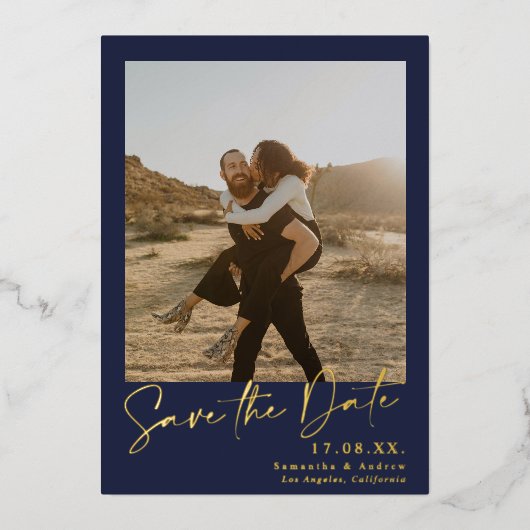 Elegant manuscript navy blue 2 foto's sparen de da folie uitnodiging (Voorkant)