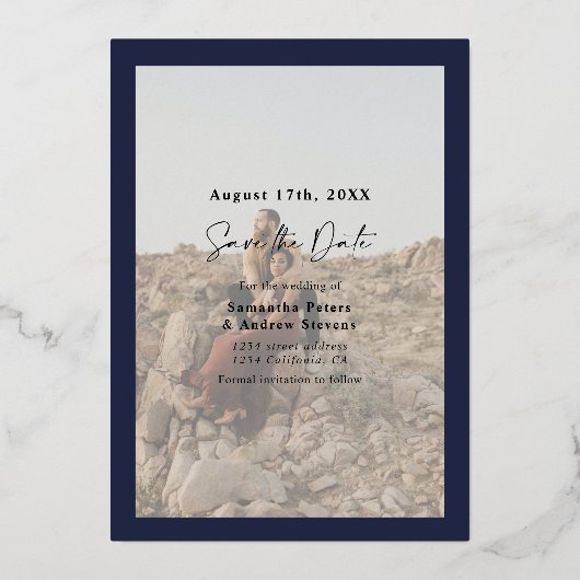 Elegant manuscript navy blue 2 foto's sparen de da folie uitnodiging (Achterkant)