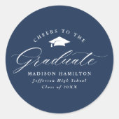 Elegant Manuscript Navy Cheers aan de Afstuderen Ronde Sticker (Voorkant)