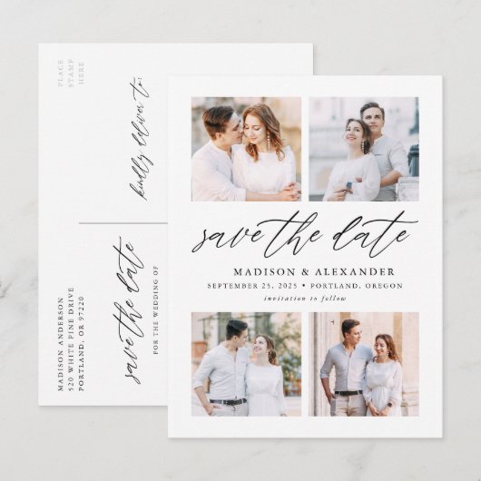 Elegant Manuscript vier de Fotocollage sparen de D Aankondigingskaart (Voorkant / Achterkant)