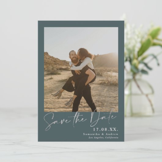 Elegant manuscript zilver 2 foto's sparen de datum save the date (Staand voorkant)