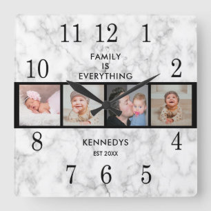 Elegant Marble 4 Photo Collage Family Quote Vierkante Klok