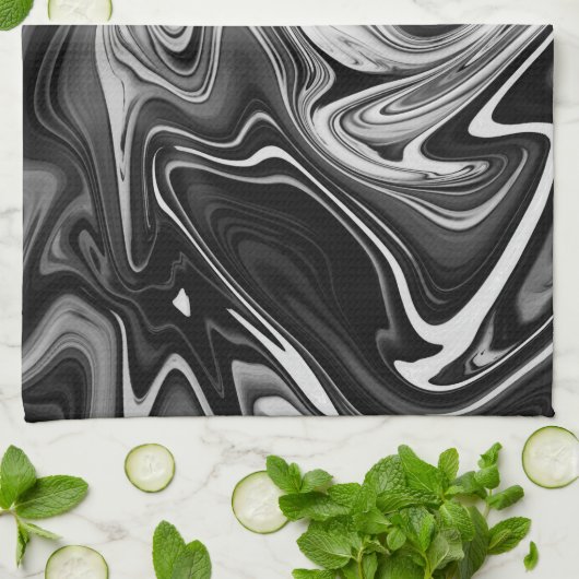 Elegant Marble 7 - Liquid Black en White Theedoek (Gevouwen)