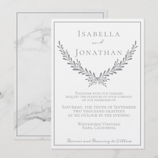 Elegant Marble and Wreath Wedding Invitation Kaart (Voorkant / Achterkant)