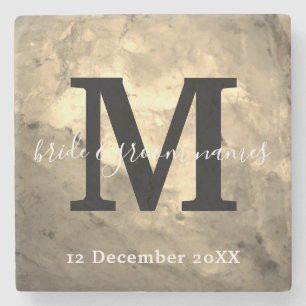 Elegant Marble Black en White Monogram Wedding Stenen Onderzetter