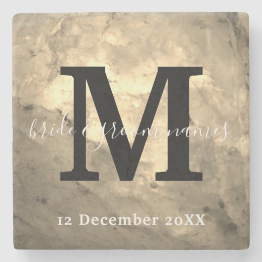 Elegant Marble Black en White Monogram Wedding Stenen Onderzetter (Voorkant)