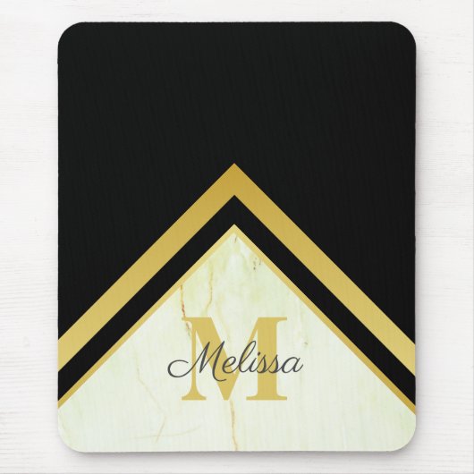 Elegant Marble Black Gold Chevron Monogram Muismat (Voorkant)