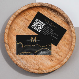 Elegant marble Black Gold Photo QR Code Monogram Visitekaartje
