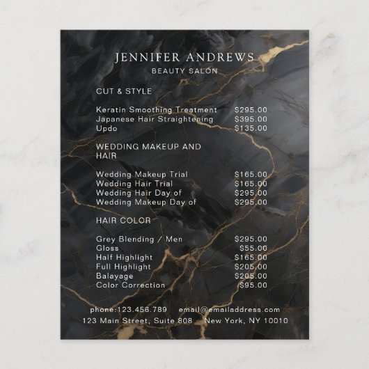 Elegant Marble Black-Gold Salon Pricelist Flyer (Voorkant)