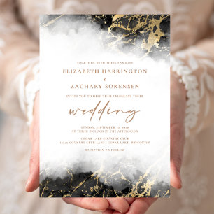 Elegant Marble Black Gold Wedding Invitation Kaart