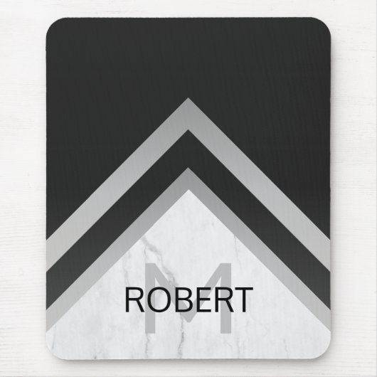 Elegant Marble Black Silver Chevron Monogram Muismat (Voorkant)