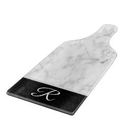 Elegant Marble Black White Monogram Initiaal Snijplank