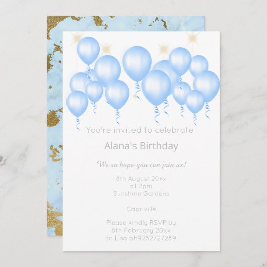 ELEGANT MARBLE BLUE BALLOON BIRTHDAY KAART (Voorkant / Achterkant)