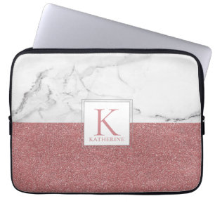 Elegant Marble Blush Pink Glitter Girly Monogram Laptop Sleeve