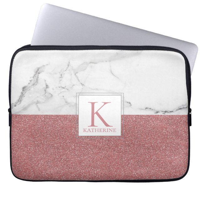 Elegant Marble Blush Pink Glitter Girly Monogram Laptop Sleeve (Voorkant)