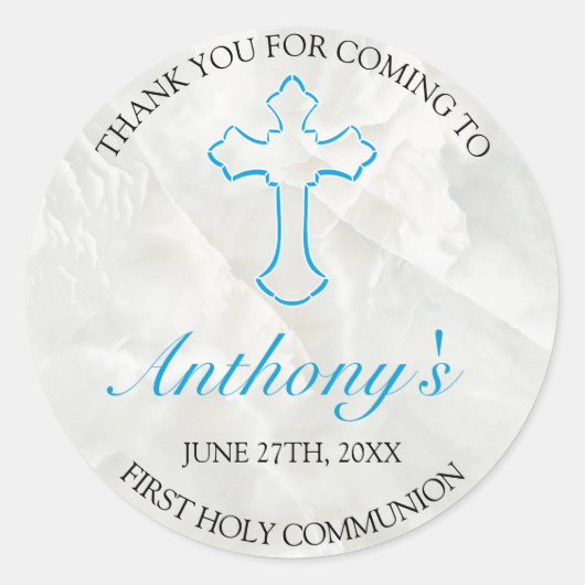 Elegant Marble Boys First Heilige Communie Thankyo Ronde Sticker (Voorkant)