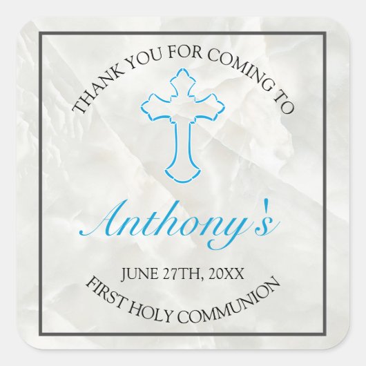 Elegant Marble Boys First Heilige Communie Thankyo Vierkante Sticker (Voorkant)