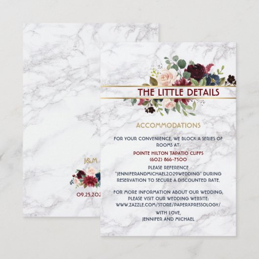 Elegant Marble Burgundy Navy Gold Floral Bouquet Informatiekaartje (Voorkant / Achterkant)