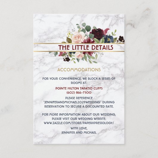 Elegant Marble Burgundy Navy Gold Floral Bouquet Informatiekaartje (Voorkant)