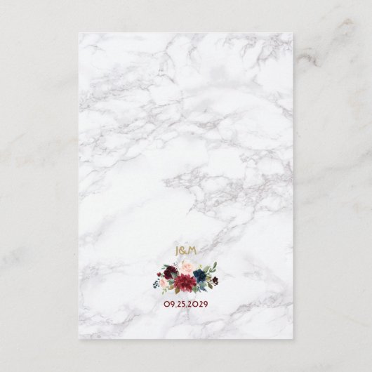Elegant Marble Burgundy Navy Gold Floral Bouquet Informatiekaartje (Achterkant)