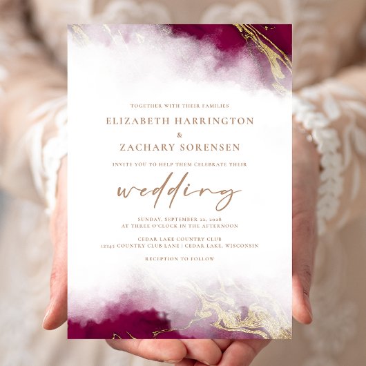 Elegant Marble Burgundy Red Wedding Kaart