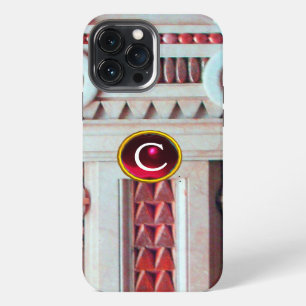 ELEGANT MARBLE COLUMN, PINK RED GEM STONE MONOGRAM iPhone 13 PRO MAX HOESJE