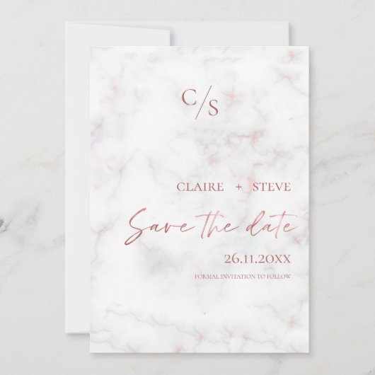 Elegant Marble Effect Roos Gold Monogram Weddensch Save The Date (Voorkant)
