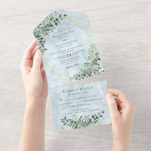 Elegant Marble Eucalyptus Dusty Blue Wedding All In One Uitnodiging (Afscheurbaar)
