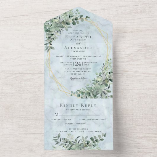 Elegant Marble Eucalyptus Dusty Blue Wedding All In One Uitnodiging (Binnen)