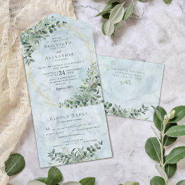 Elegant Marble Eucalyptus Dusty Blue Wedding All In One Uitnodiging