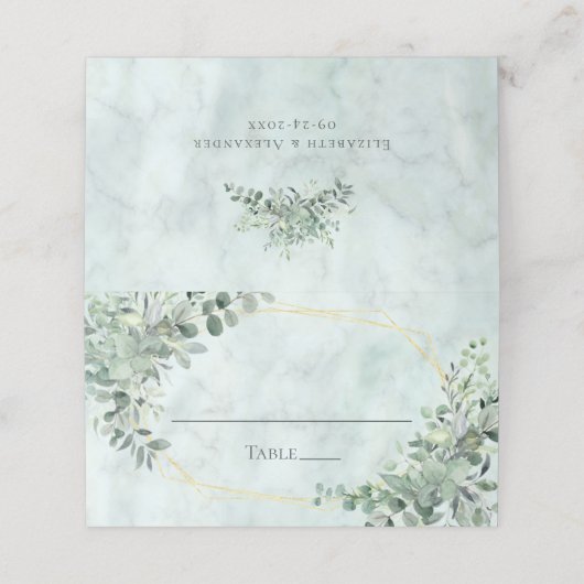 Elegant Marble Eucalyptus Greenery Gold Wedding Plaatskaartje (Buitenkant ongevouwen)