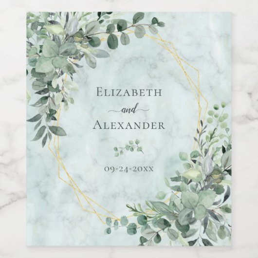 Elegant Marble Eucalyptus Greenery Gold Wedding Wijn Etiket (Enkel label)