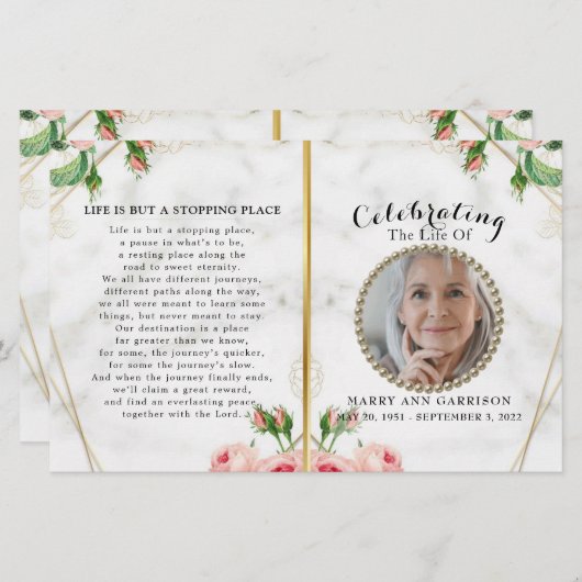 Elegant Marble Floral Celebration Programme of Lif (Voorkant / Achterkant)