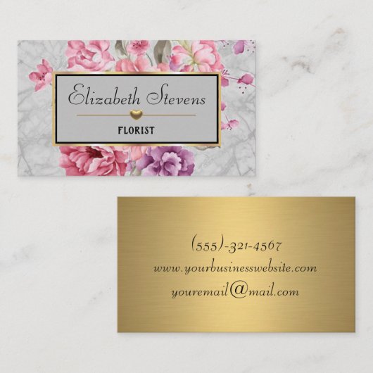 Elegant Marble Floral Roos en Gold Heart Florist Visitekaartje (Voorkant / Achterkant)