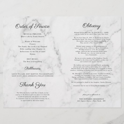 Elegant Marble | Funeral Memorial Photo Programme Flyer (Achterkant)
