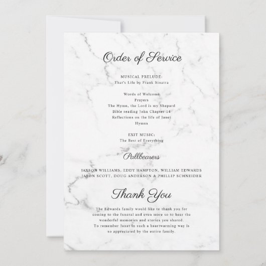Elegant Marble | Funeral Memorial Photo Programme Kaart (Achterkant)