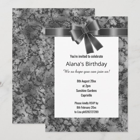 ELEGANT MARBLE GLITTER BLACK BOW WHITE KAART (Voorkant / Achterkant)
