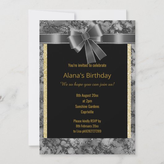 ELEGANT MARBLE GLITTER GOLD BLACK BOW KAART (Voorkant)