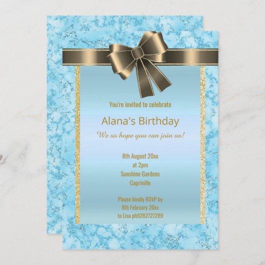 ELEGANT MARBLE GLITTER GOLD BLUE BOW KAART (Voorkant / Achterkant)