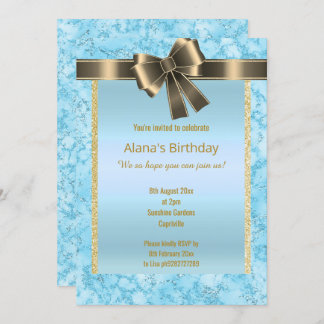 ELEGANT MARBLE GLITTER GOLD BLUE BOW KAART