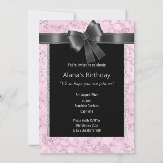 ELEGANT MARBLE GLITTER PINK SILVER BLACK BOW KAART (Voorkant)