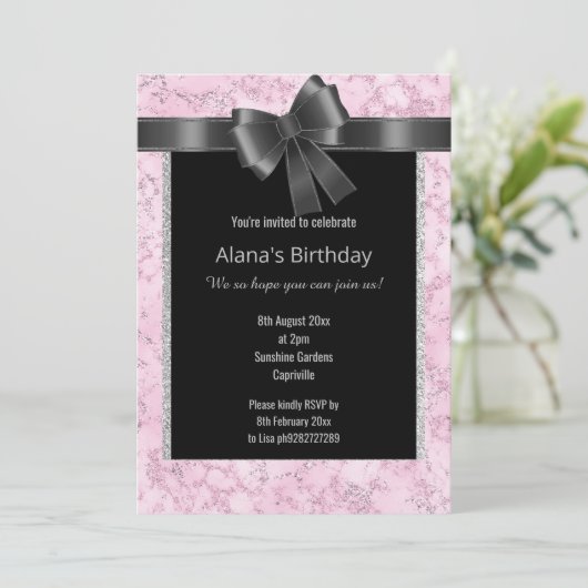ELEGANT MARBLE GLITTER PINK SILVER BLACK BOW KAART (Staand voorkant)
