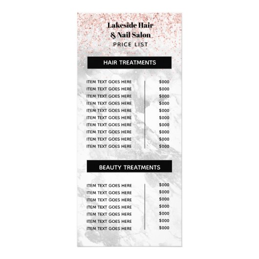 Elegant Marble Glitter Salon Price List Services Reclamekaart (Voorkant)