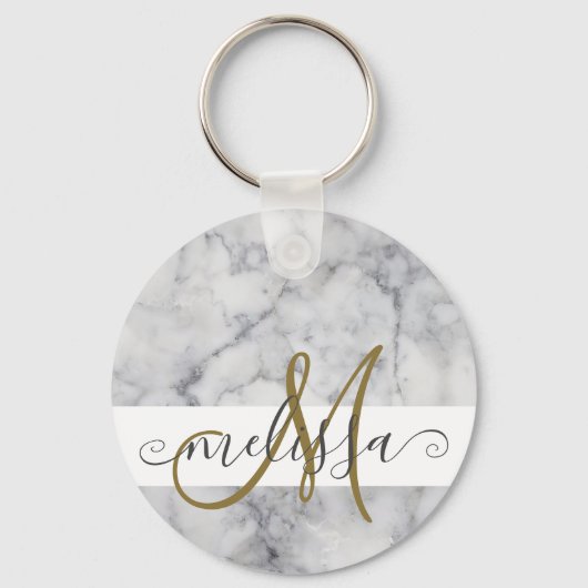 Elegant Marble Gold Monogram Script Name Sleutelhanger (Voorkant)