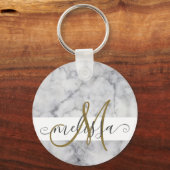 Elegant Marble Gold Monogram Script Name Sleutelhanger (Voorkant)